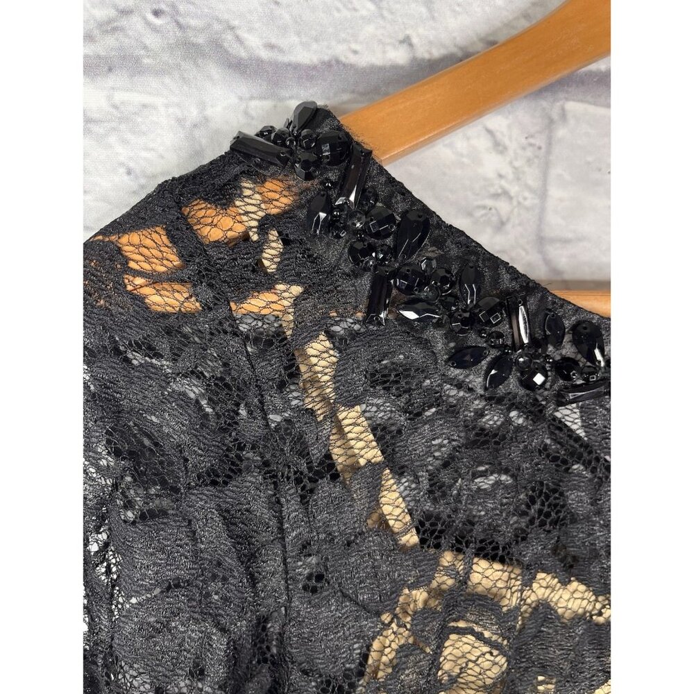 MARINA Women's Black Nude Lace 3/4 Sleeve Beaded Neck Bodycon Cocktail Dress NWT - Picture 2 of 5